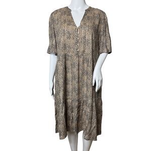 Maison 123 Dress Womens 12 Black Tan Ditzy Floral Shift Neutral Boho‎ Peasant